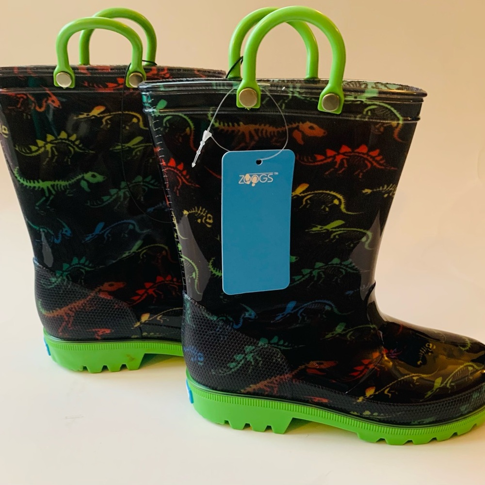 Zoogs Toddler Pull On Handle Rain Boots Dinosaur Print Green Black Size 11